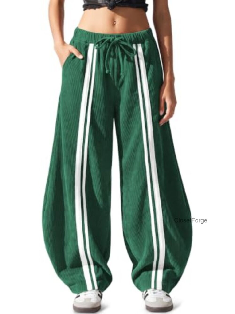 Womens Y2K Corduroy Barrel Pants Wide Leg Baggy Drawstring High Rise